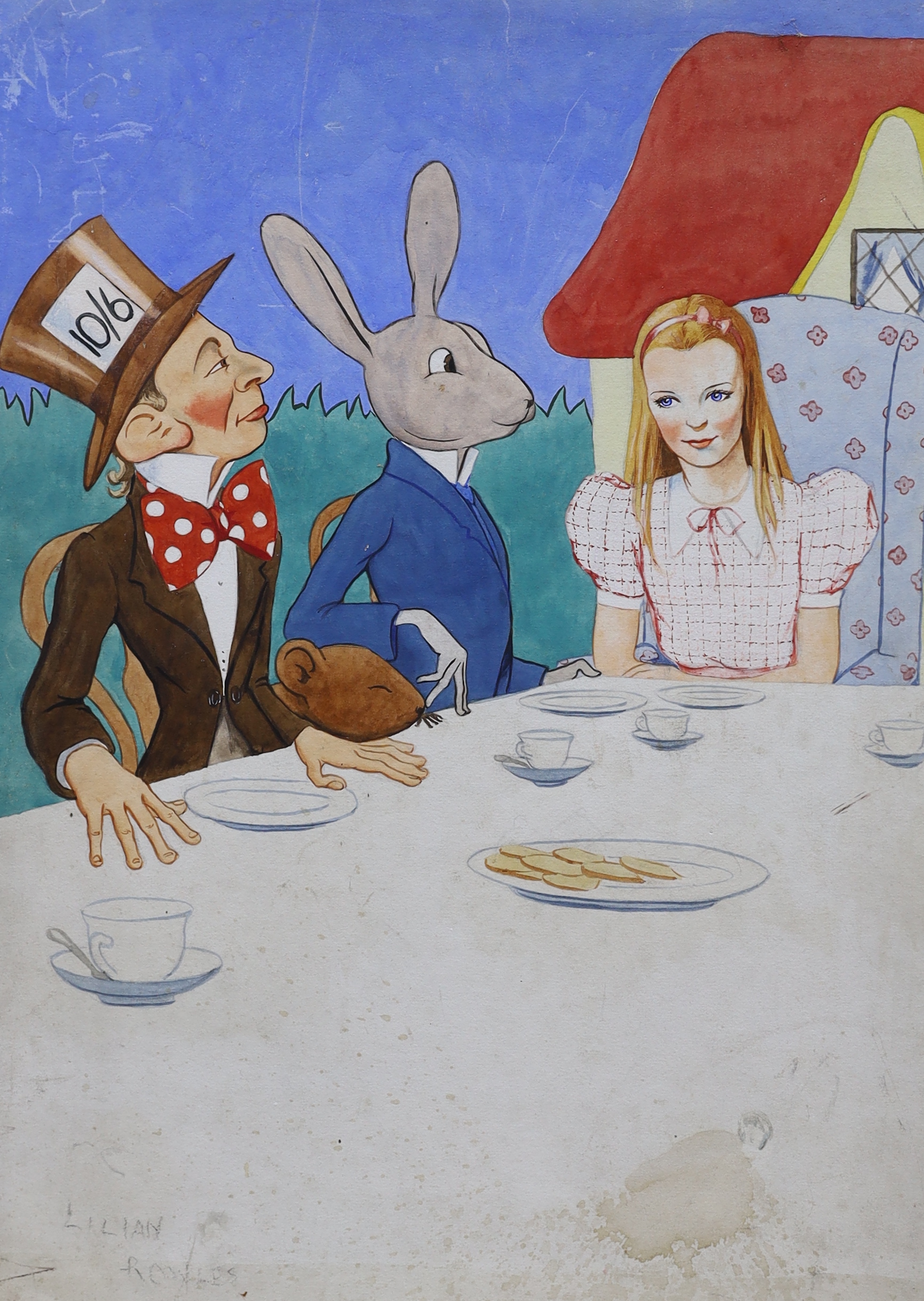 Lilian Rowles, ink and watercolour, Illustration for Alice in Wonderland, inscribed, 52 x 37cm, unframed